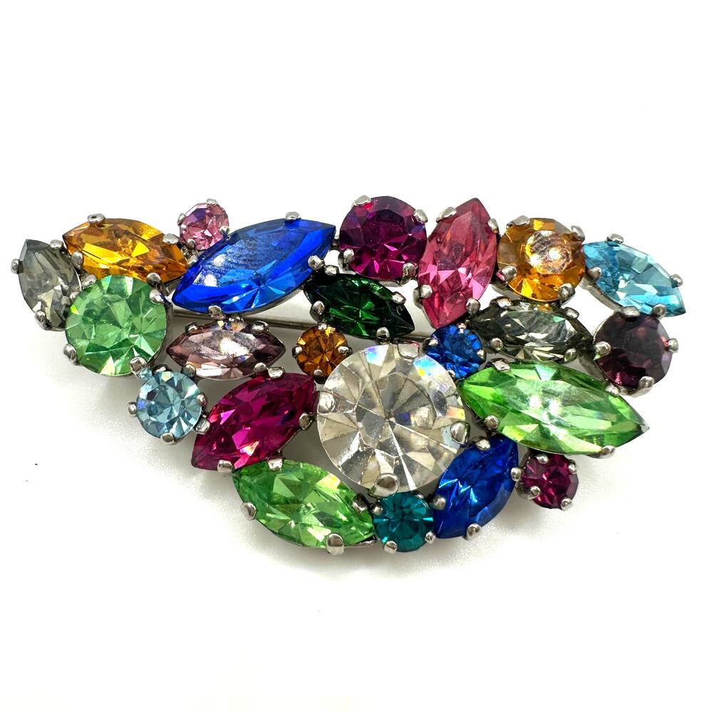 Vintage silver tone multicolor fruit salad uranium glass rhinestones brooch